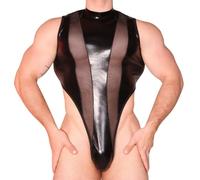 Gatamiau Body Transparent pour Homme Justaucorps Résille sans Manches | Lingerie Bodysuit Coupe Ajustée Cuir Sous-vêtement Une Pièce Col Roulé Coquin String Clubwear Saint-Valentin Lune Miel