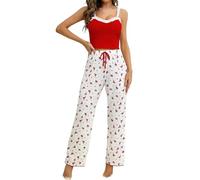 Gatamiau Femme Ensemble Pyjama Imprimé Cœur 2 Pièces Top sans Manches + Pantalon Taille Haute, Pyjama Sexy Chic Vêtements Nuit Confortable