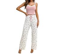 Gatamiau Femme Ensemble Pyjama Imprimé Cœur 2 Pièces Top sans Manches + Pantalon Taille Haute, Pyjama Sexy Chic Vêtements Nuit Confortable