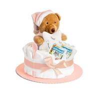 Gâteau aux couches orange avec peluche pour filles, garçons, cadeaux de naissance pour maman, baptême ou fête prénatale - Idée cadeau avec couches pour nouveau-né - Carte de vœux incluse