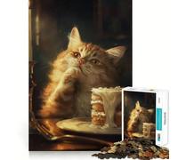 Gâteau Chat Tabby Orange Mignon Puzzle 1000 Pièces Adultes Puzzles Cadeaux Jeu de Réflexion Loisirs Amusant Qualité Bord Joli Cadeau (50x75cm)