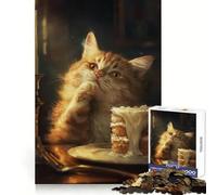Gâteau Chat Tabby Orange Mignon Puzzle 1000 Pièces pour Adolescents Puzzle Détente Anti-Stress Découpe Lisse Cadeau Artistique (38x26cm)