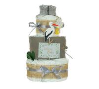 Gâteau de couches de qualité supérieure - Cigogne avec paquet - Avec bottines pour bébé et couche en mousseline - 3 étages (gris)
