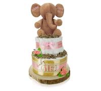 Gâteau de couches Little Peanut - Rose - Personnalisable avec nom et dates de naissance - 2 étages - Avec doudou éléphant