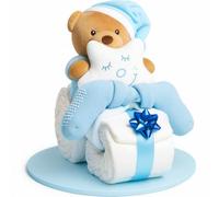 Gâteau de couches pour bébé garçon en bleu - Moto avec doudou - Cadeau de naissance et de baptême - Gâteau de couches pour bébé fait à la main avec couches, couche en mousseline et carte de vœux