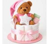 Gâteau de couches pour fille - Rose - Fait à la main - Cadeau de naissance et de baptême pour bébé - Avec doudou - Carte de félicitations - Gâteau de couches pour bébé - Idée cadeau