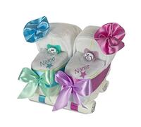 Gâteau de couches poussette jumeaux bleu/rose - Cadeau pour jumeaux ou frères et sœurs - Poussette à couches + 2 bavoirs bébé avec prénom