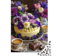 Gâteau de Fleurs Puzzle 1000 Pièces Papier pour Adultes Service à Thé Puzzle pour Famille Décoration Maison Détente 52x38cm/1000pcs