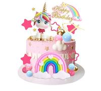 Gâteau Décoration Licorne, Decoration Gateau Anniversaire Fille,3D Licorne Figurines Cake Topper, Boule Arc en ciel Happy Birthday Topper de Gâteau pour Enfants Filles Fête Anniversaire Baby Shower