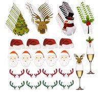 Gatuida Breloques en Bois pour Verre à Vin 80 Pièces Décorations de Noël Assorties Chapeaux de Père Noël Bois de Cerf Rouge et Vert Sapins Cloches Rennes Bonhommes de Neige Marqueurs