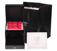 Gatuida Coffret à Bijoux Rose Éternelle 9 Fleurs Stabilisées Rouges Double Tiroir Noir sans Inscription Présent Romantique Saint-Valentin Boîte à Collier Paquet Présent et Carte