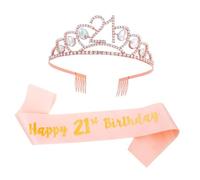 Gatuida Écharpe d'Anniversaire 21 Ans Rose Doré Couronne Décorative de Fête pour Fille Accessoires Coiffure Élégants pour Célébration Bandeau de Fête et Ceinture Assortie