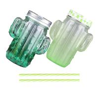 Gatuida Lot de 2 Sets de Verres de Cactus Pailles Verre à Boisson Transparent 400 Ml pour Jus Cocktails et Boissons Froides Accessoire Original pour Fête Réutilisable Couleur Aléatoire
