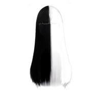 Gatuida Perruque Longue Droite Synthétique Noir Blanc Contrasté Confortable pour Femmes Cosplay Fête Halloween