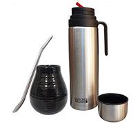 Gaucho Bruno Kit Yerba Mate - Ensemble de Gourde, Paille et Thermos - Tasse en Céramique, Paille Bombilla en Acier Inoxydable et Gourde Isotherme 1L - Kit pour Boisson Maté Bio et Réutilisable - Noir