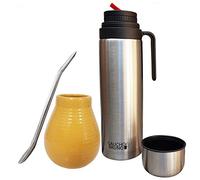 Gaucho Bruno Kit Yerba Mate - Ensemble de Gourde, Paille et Thermos - Tasse en Céramique, Paille Bombilla en Acier Inoxydable et Gourde Isotherme 1L - Kit pour Boisson Maté Bio et Réutilisable - Jaune