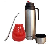 Gaucho Bruno Kit Yerba Mate - Ensemble de Gourde, Paille et Thermos - Tasse en Céramique, Paille Bombilla en Acier Inoxydable et Gourde Isotherme 1L - Kit pour Boisson Maté Bio et Réutilisable - Rouge
