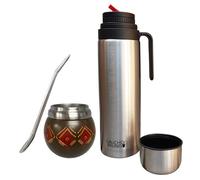Gaucho Bruno - Mate pour boire Yerba Mate en acier inoxydable | Maintient la température de la boisson | Conçu pour ressembler à une gourde naturelle | avec Bombilla et bouteille de 1 litre avec bec