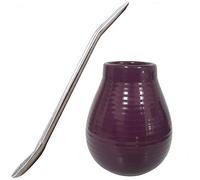 Gaucho Bruno Yerba Mate - Ensemble de Gourde et Paille - Tasse en Céramique, Paille Bombilla en Acier Inoxydable - Kit pour Boisson Maté Bio et Réutilisable - Maison et Voyage - 400ml - Pourpre