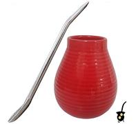 Gaucho Bruno Yerba Mate - Ensemble de Gourde et Paille - Tasse en Céramique, Paille Bombilla en Acier Inoxydable - Kit pour Boisson Maté Bio et Réutilisable - Maison et Voyage - 400ml - Rouge