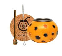 Gaucho Cebar Set pour thé yerba maté avec calebasses naturelles Ibanez, tasse à citrouille et paille en acier inoxydable, paille pour thé yerba maté, brosse et dosette en liège, orange