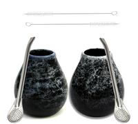 Gaucho Cebar Yerba Maté Kalebasse Set pour Deux ● Gobelets à thé Marmol Blue et Dark 350 ML ● Tasse en céramique ● Paille Bombilla en Acier Inoxydable 19 cm ● Brosse de Nettoyage