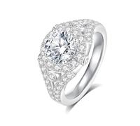 GAUDALGEM Bague de fiançailles en moissanite pour femme, 1,5 ct coupe ronde couleur D VVS1, bague de mariage halo promesse d'anniversaire, alliance en argent sterling S925 avec plaqué or blanc 18
