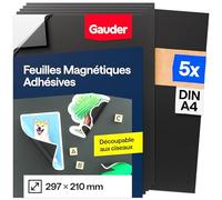 GAUDER Feuille Magnétique Autocollante - Feuille Aimantée Découpable pour Photos, Bricolage & Affichage - Film Magnétique pour Maison, Bureau & École (5 pièces - DIN A4-297 x 210 mm)