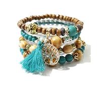 GAUEIOUR Ensemble de bracelets bohème multicouches en perles de bois avec pompons, souvenir touristique, arbre de vie, bracelet élastique pour femme (bleu paon), Adjustable, Perles en bois, alliages