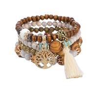 GAUEIOUR Lot de 4 bracelets Boho Multi-rangs Élastique Pompon Arbre de Vie Femme, 11.5cm, Perles en bois, alliages