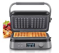Gaufrier 1600 W, double gaufrier pour gaufres belges, 5 programmes, 7 niveaux de brunissage, contrôle par écran LCD, minuterie, fente de débordement pratique, acier inoxydable
