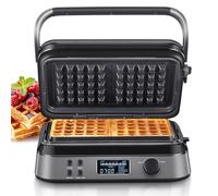 Gaufrier 1600 W, double gaufrier pour gaufres belges, 5 programmes, 7 niveaux de brunissement, contrôle via écran LCD, minuterie, rainure de trop-plein pratique, acier inoxydable (noir)