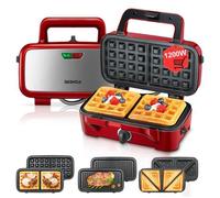 Gaufrier 3 en 1- 1200W- Appareil Croque Monsieur- Machine Multifonction pour Gaufrier- Grill et Sandwich- Rouge Vintage