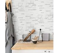 GAULAN 421638 Papier peint vinyle lessivable tasses à café petit-déjeuner en relief gris blanc pour mur cuisine meuble stanza bureau cabinet bars - Rouleaux de 10 m x 0,53 m