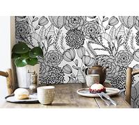 GAULAN 500680640 Papier peint vinyle écologique fleurs dessinées noir et blanc pour mur salon cuisine bain chambre salle à mange tête de lit - Échantillon DIN A4