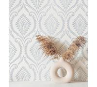 GAULAN 500682390 Papier peint vinyle lavable damassé métallisé en relief sur fond blanc pour mur salon cuisine bain chambre couloir stanza salle à mange - Échantillon DIN A4