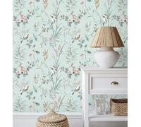 GAULAN 500683551 Papier peint à branches et oiseaux romantique sur fond bleu turquoise pour mur salon chambre couloir jeune salle à mange tête de lit - Échantillon DIN A4