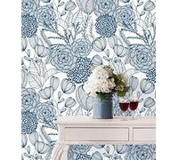 GAULAN 680643 Papier peint vinyle écologique fleurs dessinées bleu pour mur salon cuisine bain chambre salle à mange tête de lit - Rouleaux de 10 m x 0,53 m
