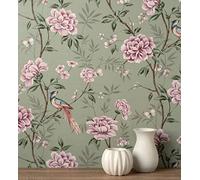 GAULAN 681988 Papier peint d'oiseaux et fleurs sur fond texturé effect fibre végétale vert pour mur salon cuisine bain chambre salle à mange tête de - Rouleaux de 10 m x 0,52 m