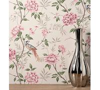 GAULAN 681989 Papier peint d'oiseaux et fleurs sur fond texturé effect fibre végétale beige pour mur salon cuisine bain chambre salle à mange tête de - Rouleaux de 10 m x 0,52 m