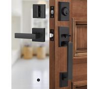 Gaurqiah Ensemble poignée de porte extérieure et pêne dormant - Poignée de porte d'entrée en alliage de zinc robuste, levier réversible, installation facile à faire soi-même, finition noire mate