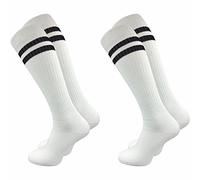 GAWILO Chaussettes hautes femme rétro (2 paires) | Coton doux - look vintage avec bandes - sans couture - confort durable | Idéales sport, loisirs & style rétro (Blanc + rayures, 39-42)