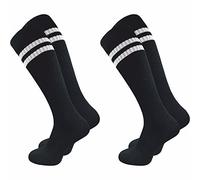 GAWILO Chaussettes hautes homme rétro (2 paires) | Coton doux - look vintage avec bandes - sans couture - confort durable | Idéales sport, loisirs & style rétro (Noir + rayures, 47-50)