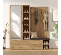 GAWYOEX Ensemble vestiaire de 180 cm, garde-robe de couloir avec banc, armoire à chaussures et miroir, armoire à 4 crochets et tringle extensible, garde-robe compacte, meuble de couloir (marron)