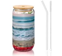 GaxfjRu Beach and Sea Tasses en verre de 473 ml avec couvercles et paille en verre, tasses en verre plus larges pour smoothies, thé, cola, soda