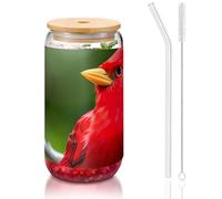 GaxfjRu Beaux gobelets en verre Red Birds 473,6 g avec couvercles et paille en verre, tasses en verre plus larges pour smoothies, thé, cola, soda