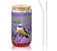 GaxfjRu Bird in Purple Lavender Floral Flowers Tasses en verre de 473 ml avec couvercles et paille en verre, tasses en verre plus larges pour smoothies, thé, cola, soda