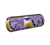 GaxfjRu Bird in Purple Lavender Floral Flowers Trousse à crayons ronde en similicuir - Rangement pour stylos, crayons, marqueurs, petites fournitures Fermeture éclair en métal avec cuir, doré, Taille