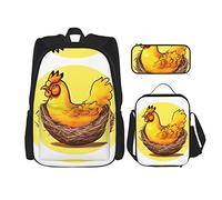 GaxfjRu Bird's Nest Lot de 3 sacs à dos, sac à dos d'école, sac à déjeuner et trousse à crayons, grande capacité de 43,2 cm, imprimé poulet doré