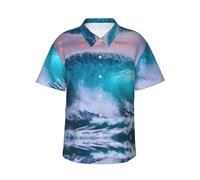 GaxfjRu Blue Ocean Wave Chemise hawaïenne à manches courtes pour homme et femme Coupe décontractée boutonnée, Noir , M
